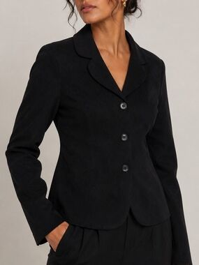 Women’s Black Suede Tailored Rounded Collar Button-Front Jacket
